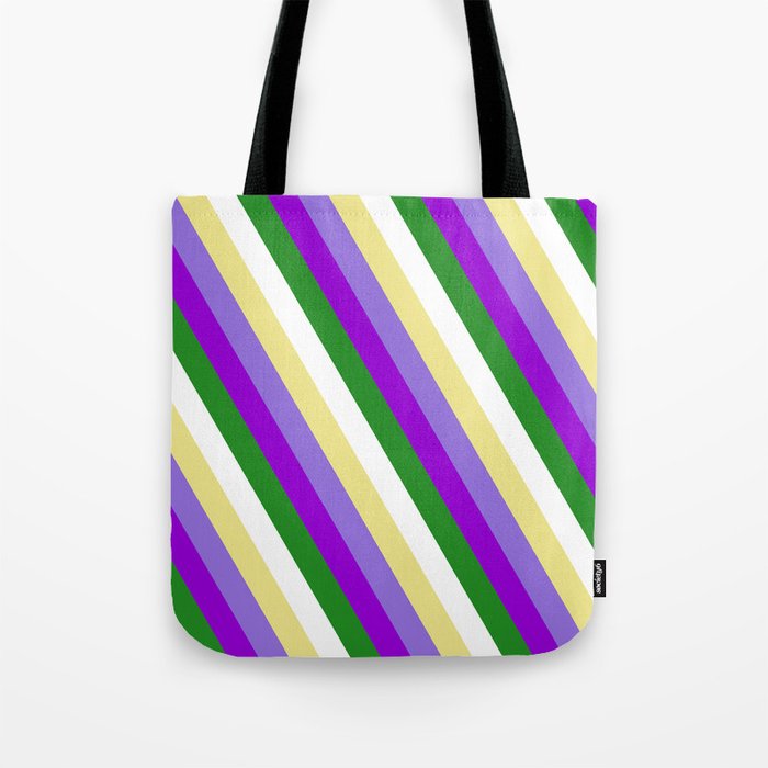 Colorful Tan, Purple, Dark Violet, Forest Green, and White Colored Stripes/Lines Pattern Tote Bag