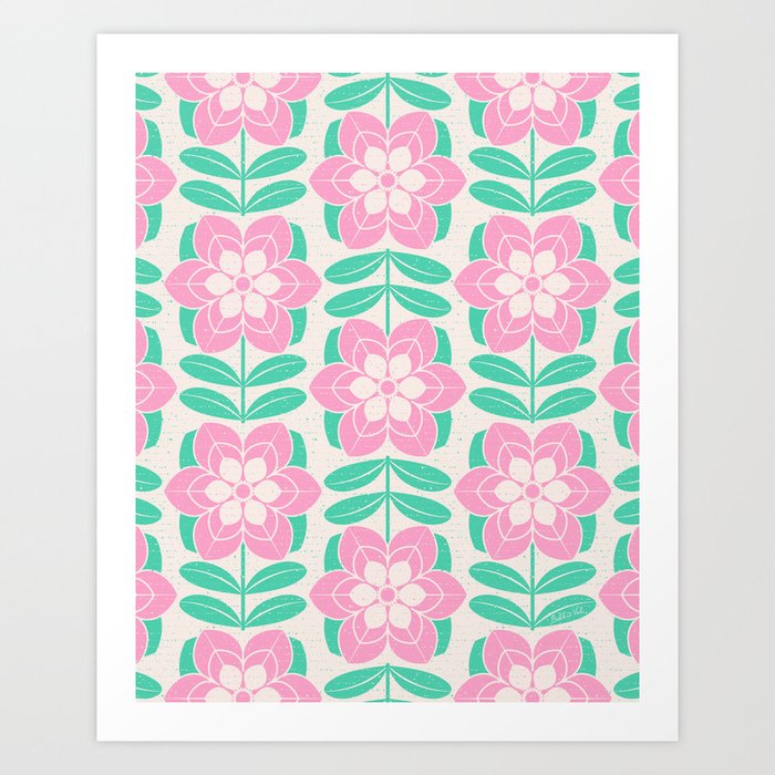 Bright Pink and Green Mod Flowers Art Print