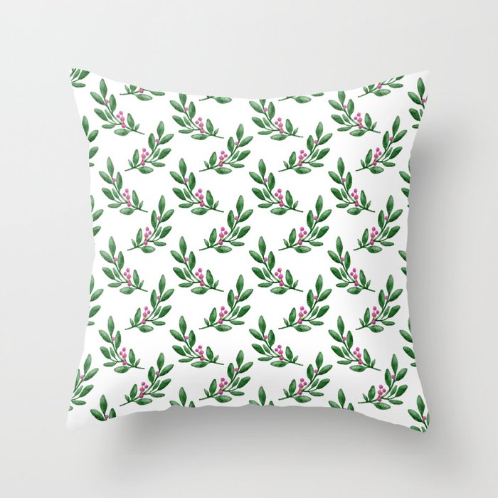 Simple watercolor green branches with pink berries pattern Throw Pillow