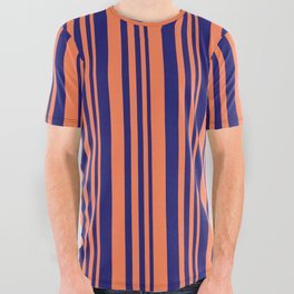 [ Thumbnail: Coral and Midnight Blue Colored Lines/Stripes Pattern All Over Graphic Tee ]