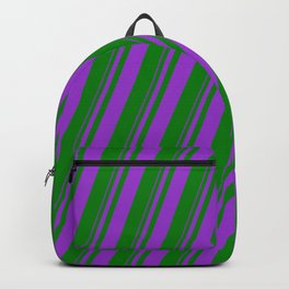 [ Thumbnail: Dark Orchid & Green Colored Lined/Striped Pattern Backpack ]