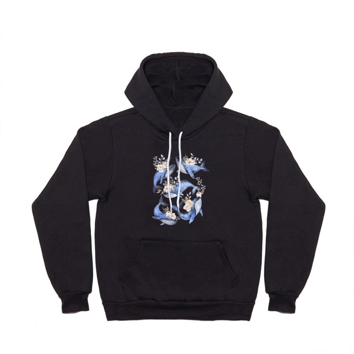 Watercolor Blue Whales with Flowers - Florals Whales Marine Hoody