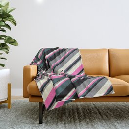 [ Thumbnail: Grey, Beige, Hot Pink, Dark Slate Gray, and Black Colored Lines/Stripes Pattern Throw Blanket ]