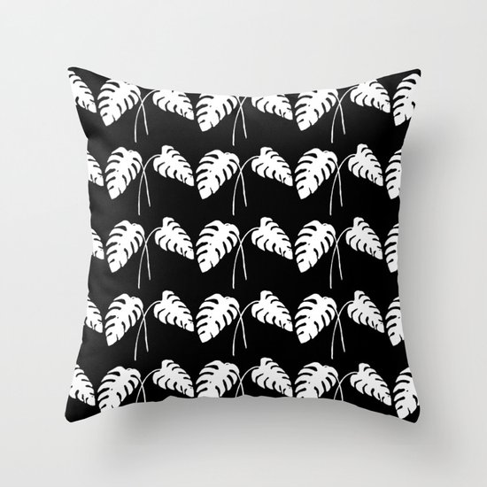 Tropical Monstera Leaves White on Black Throw Pillow