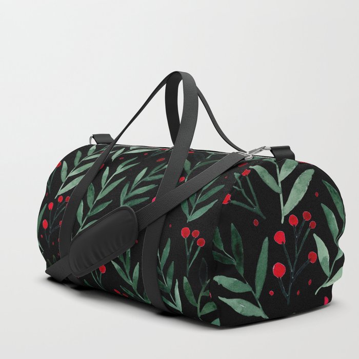 Festive watercolor branches - black, red and green Duffle Bag
