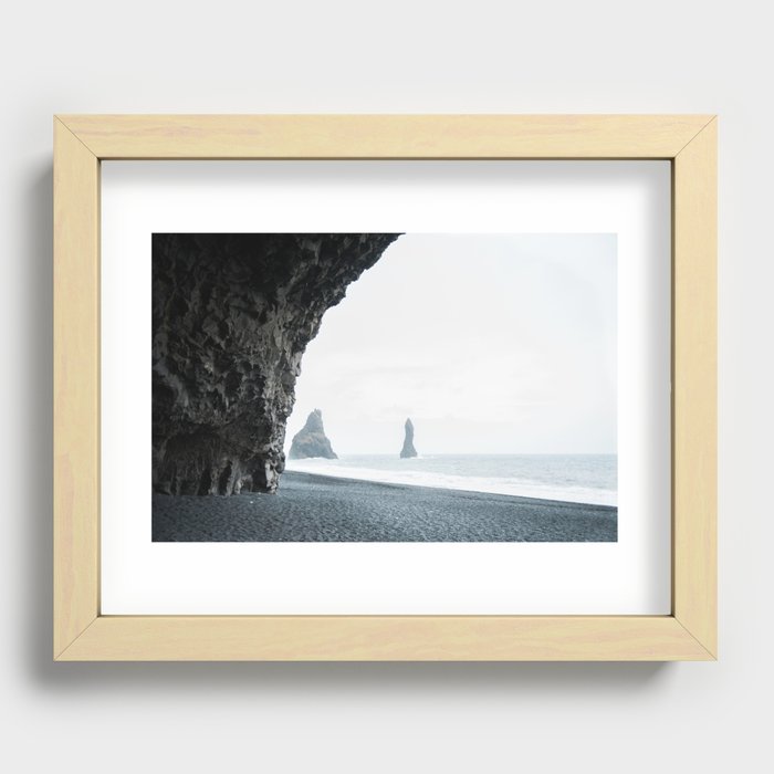 Sea and Monoliths From a Cave at Black Sand Beach | Pastel travel photography | wall art print Iceland Recessed Framed Print