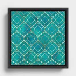 Teal Emerald Golden Moroccan Quatrefoil Pattern Framed Canvas