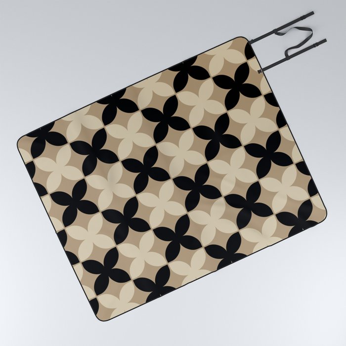 Geometric Flower Pattern 929 Gold Black and Beige Picnic Blanket