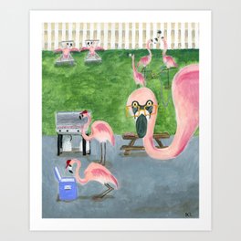 Yard Flamingo BBQ Art Print