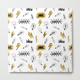 Eureka Metal Print | Black, Curated, Lightbulb, Illumination, Yellow, Ideas, Idea, Pattern, Handdrawn, Drawing 