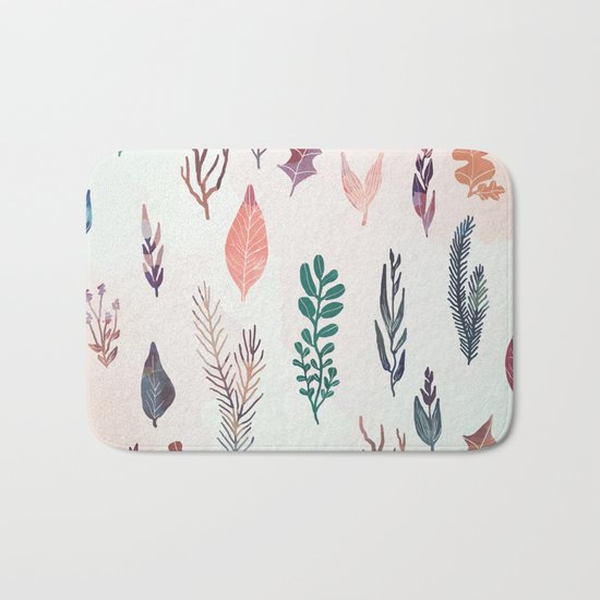 Mix of plants and watercolor leaves Bath Mat