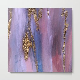 Violet Paint Brushstrokes Gold Foil Abstract Texture Metal Print