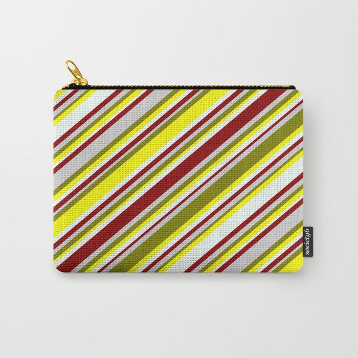 Eyecatching Green, Yellow, Mint Cream, Dark Red, and Light Gray Colored Lined Pattern Carry-All Pouch