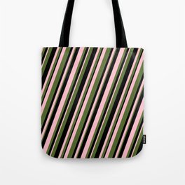 [ Thumbnail: Pink, Dark Olive Green & Black Colored Stripes Pattern Tote Bag ]
