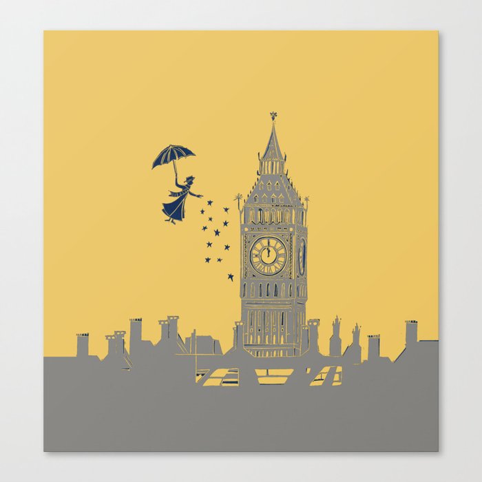 Mary Poppins and Big Ben in Mustard Yellow and Grey Canvas Print