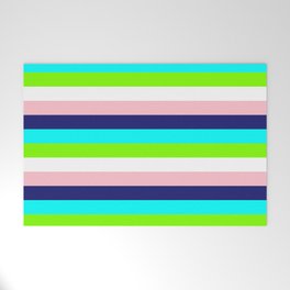 [ Thumbnail: Pink, Midnight Blue, Cyan, Chartreuse, and White Colored Lined/Striped Pattern Welcome Mat ]