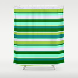 [ Thumbnail: Eyecatching Green, Teal, Dark Green, Aquamarine & Lavender Colored Striped/Lined Pattern Shower Curtain ]