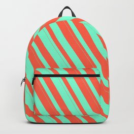 [ Thumbnail: Red & Aquamarine Colored Stripes Pattern Backpack ]