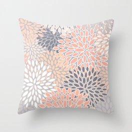 Flowers Abstract Print, Coral, Peach, Gray Throw Pillow