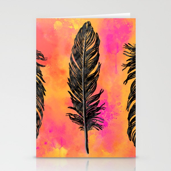 Watercolor feathers in a row - hot pink & orange & black Stationery Cards