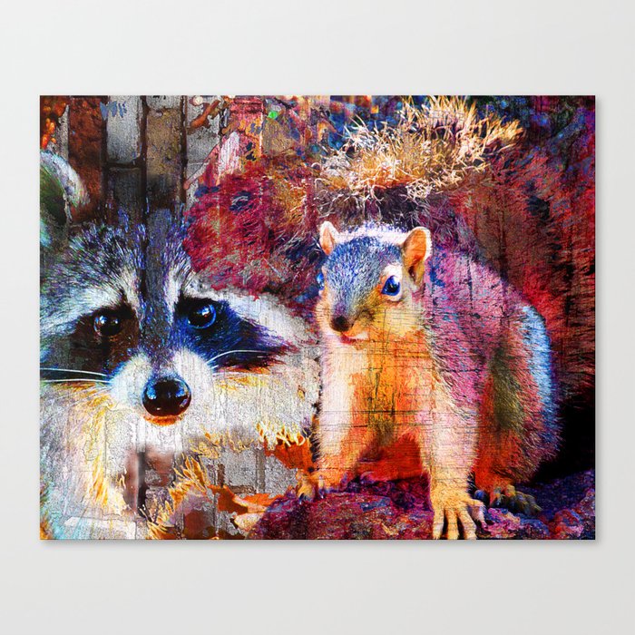 Squirrel And Raccoon Wildlife Art, Modern Nature Art Canvas Print