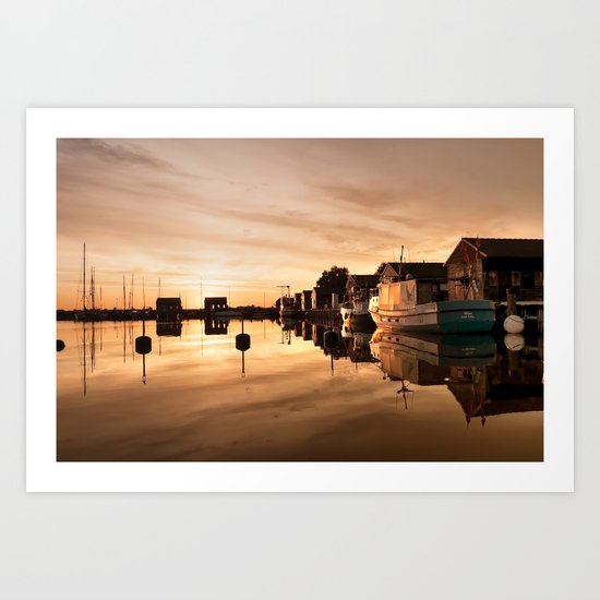 Beautiful Sunrise - harbour Beach Boat Ship Art Print