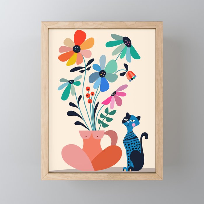 Daisies & the cat Framed Mini Art Print