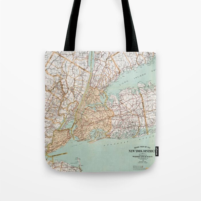 Vintage 1900 Road Map Of The New York District Tote Bag