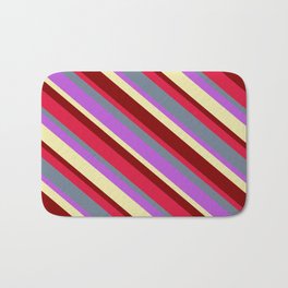 [ Thumbnail: Vibrant Orchid, Pale Goldenrod, Maroon, Crimson, and Slate Gray Colored Lines/Stripes Pattern Bath Mat ]