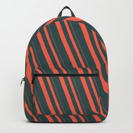 [ Thumbnail: Red & Dark Slate Gray Colored Striped Pattern Backpack ]