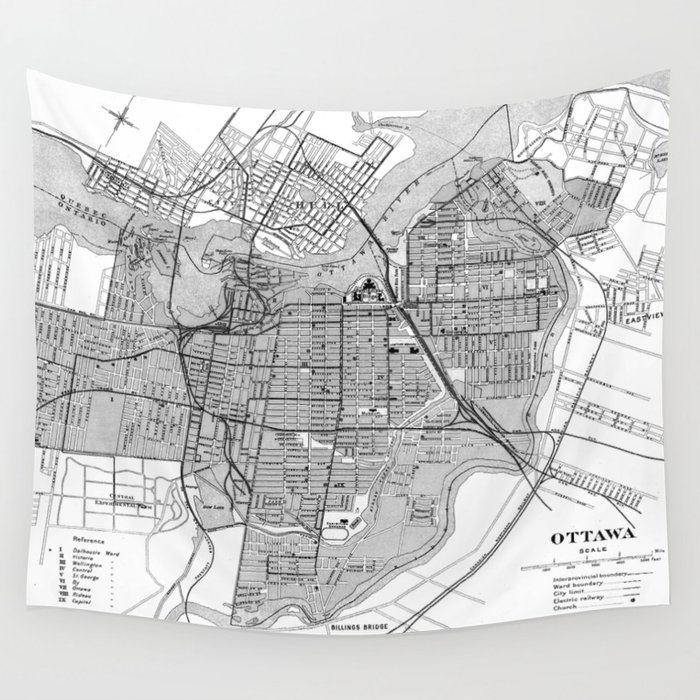 Vintage Map of Ottawa Canada (1915) BW Wall Tapestry