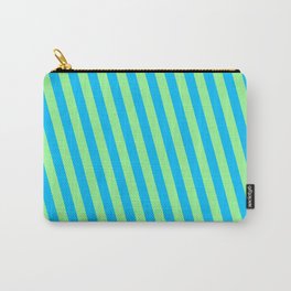 [ Thumbnail: Deep Sky Blue and Green Colored Striped/Lined Pattern Carry-All Pouch ]