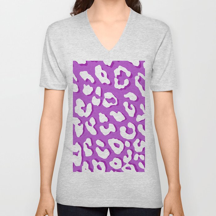 White Leopard Print Lavender  V Neck T Shirt