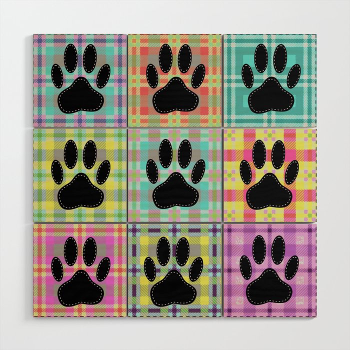 Colorful Quilt Dog Paw Print Drawing Wood Wall Art