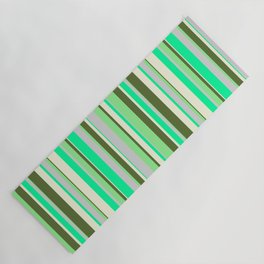 [ Thumbnail: Vibrant Green, Light Grey, Light Green, Dark Olive Green, and Beige Colored Stripes/Lines Pattern Yoga Mat ]
