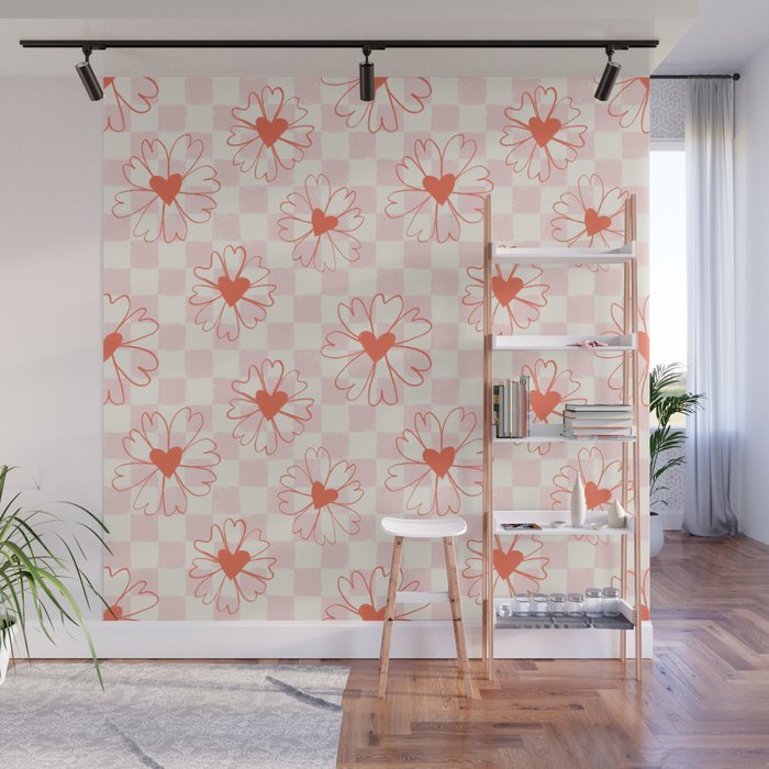 Cartoonish Bright Red Heart Flowers on Pastel Checkerboard Wall Mural