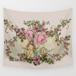 Sweet Cherub and Pink Roses Painting Wall Tapestry