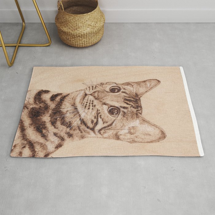 Bengal Cat Portrait - Drawing by Burning on Wood - Pyrography art Rug