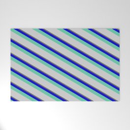 [ Thumbnail: Dim Grey, Blue, Aquamarine & Light Grey Colored Lined/Striped Pattern Welcome Mat ]