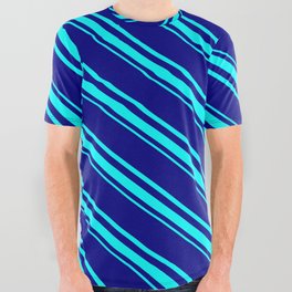 [ Thumbnail: Blue & Aqua Colored Pattern of Stripes All Over Graphic Tee ]