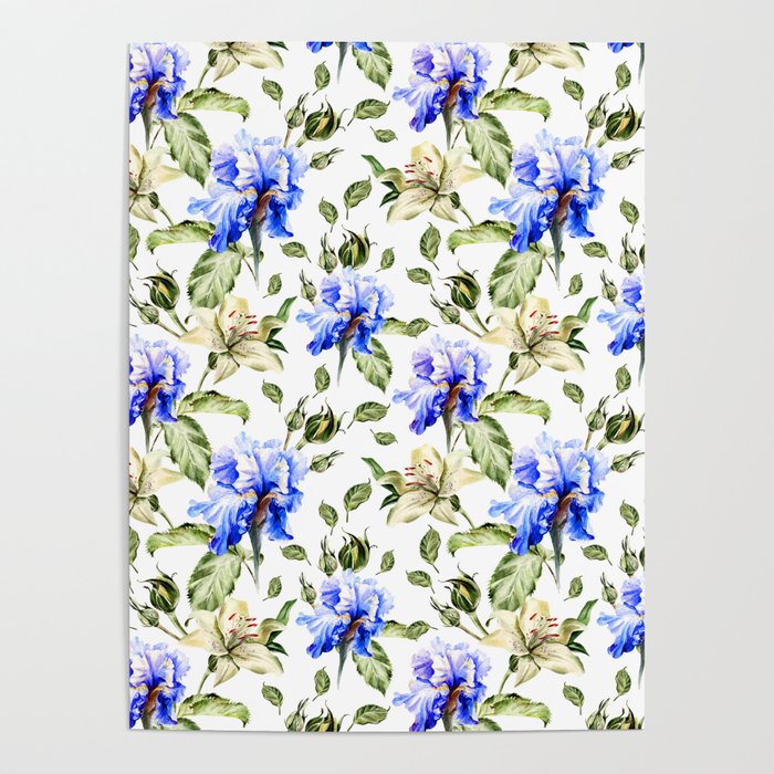 Irisis and lilies - flower pattern no3 Poster