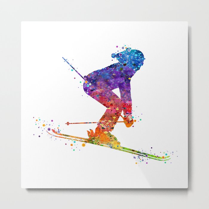 Girl Skiing 2 Colorful Watercolor Winter Sports Art Metal Print