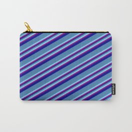 [ Thumbnail: Blue, Light Sky Blue, Purple & Dark Blue Colored Striped/Lined Pattern Carry-All Pouch ]