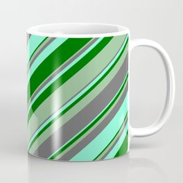 [ Thumbnail: Dim Gray, Aquamarine, Dark Green, and Dark Sea Green Colored Lines/Stripes Pattern Coffee Mug ]