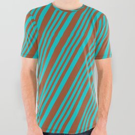 [ Thumbnail: Dark Turquoise and Sienna Colored Striped/Lined Pattern All Over Graphic Tee ]