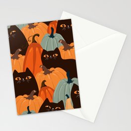 Cute seamless pattern with black cats and pumpkins. Trendy autumn colors. Vintage illustration Stationery Card