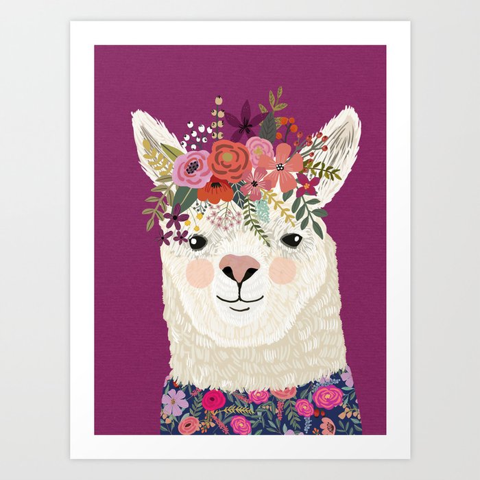 Alpaca with flowers on head. Purple Art Print