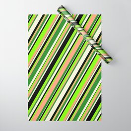 [ Thumbnail: Eyecatching Chartreuse, Light Salmon, Forest Green, Beige & Black Colored Striped/Lined Pattern Wrapping Paper ]