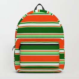 [ Thumbnail: Red, Light Green, Dark Green, and Mint Cream Colored Lined/Striped Pattern Backpack ]