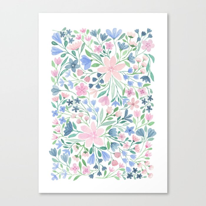 Pink and Blue Watercolour Flowers Canvas Print